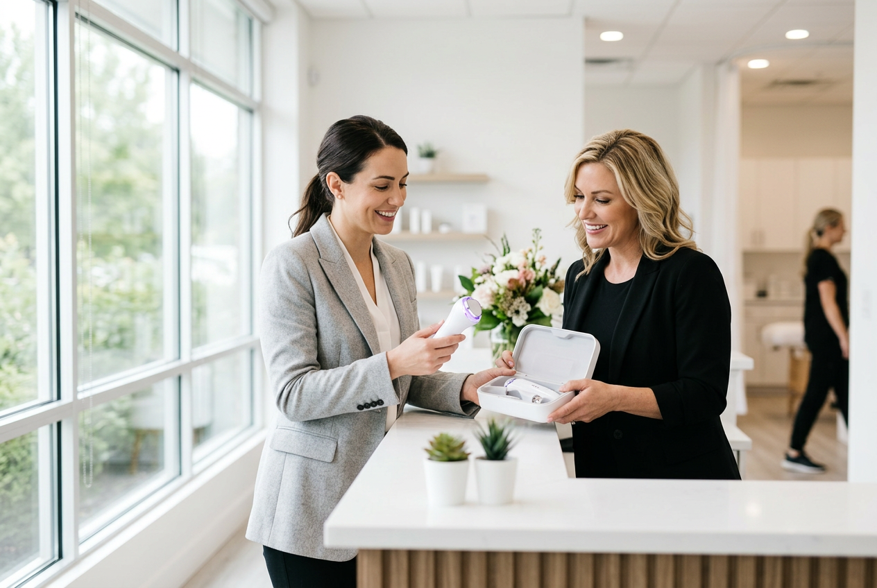 A sales representative presenting the WISHpro handpiece to a med spa owner at reception