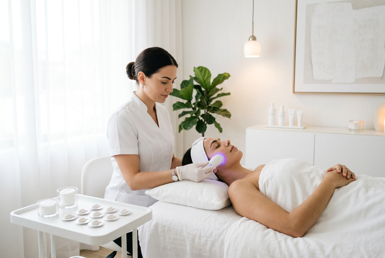 An esthetician treating a client with the WISHpro handpiece in a bright treatment room