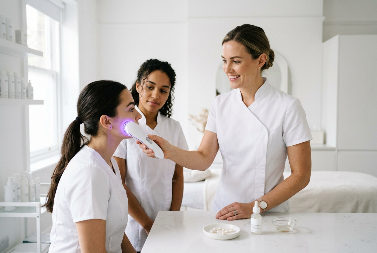 An aesthetic educator demonstrating the WISHpro handpiece to two estheticians